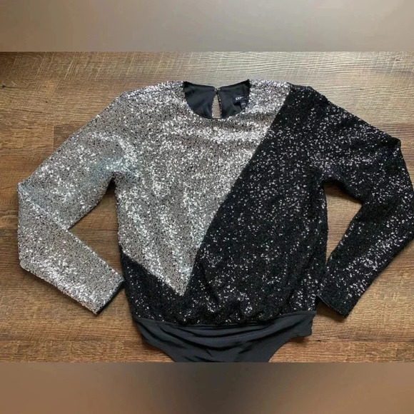EXPRESS black & silver sequin bodysuit thong size S party cocktail Y2K sexy EUC - Picture 2 of 9